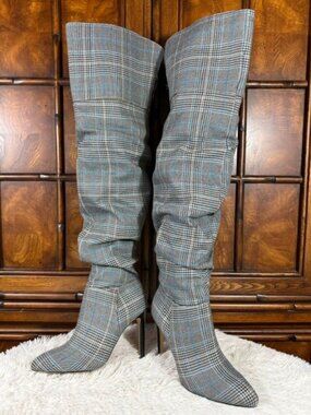 The Fix Glen Plaid Grey Blue Black Thigh High Over the Knee Slouch Boot